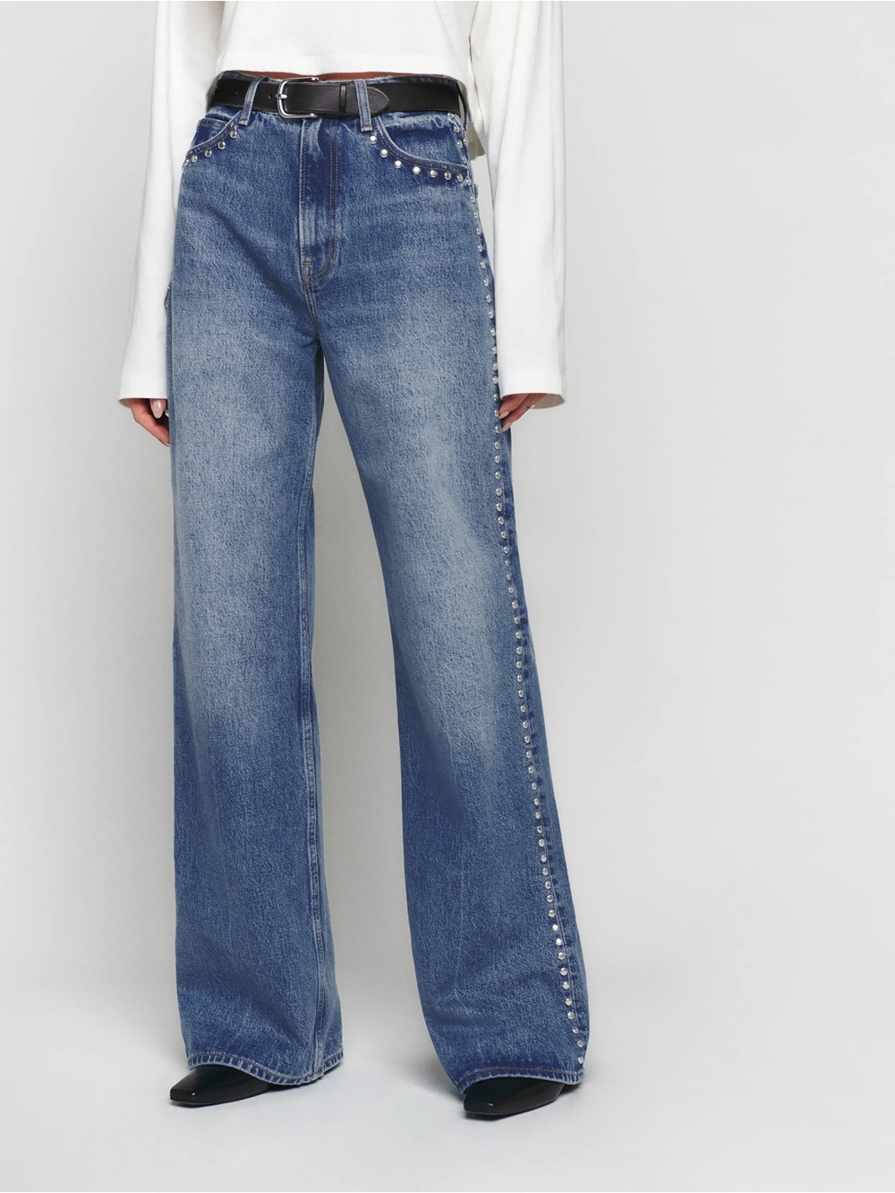 Reformation Cary High Rise Wide-Leg Studded Jeans